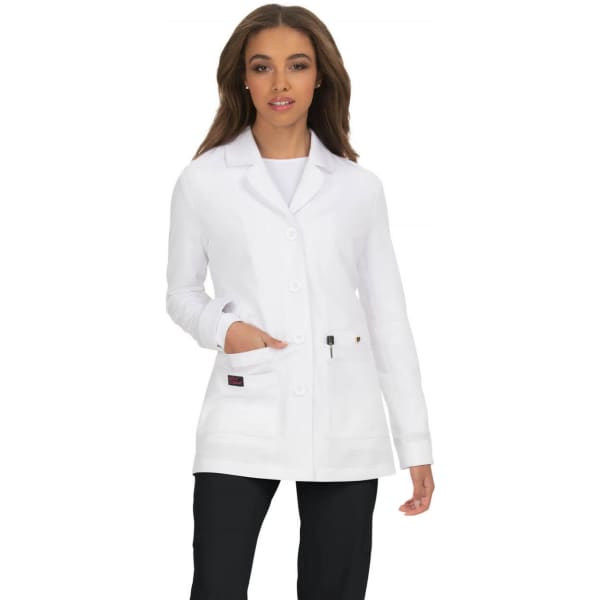 A white lab coat featuring a button-up front and pockets, worn by a model. It includes a logo on the coat.