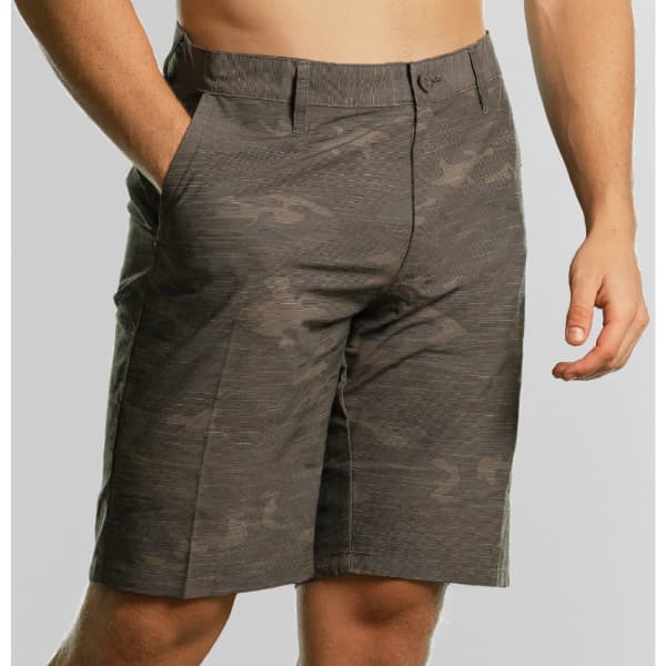 Coated dual function shorts in grey camouflage, featuring pockets and a casual fit. Includes branding.