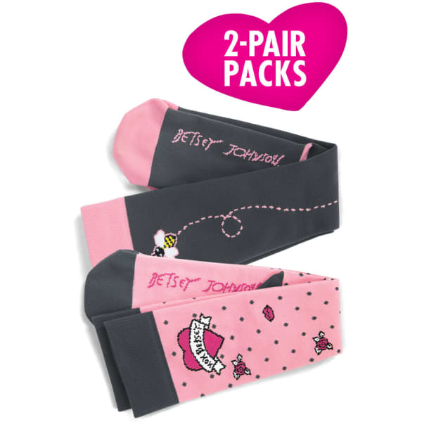 A pair of grey and pink compression socks featuring playful designs and patterns, packaged in a 2-pack.