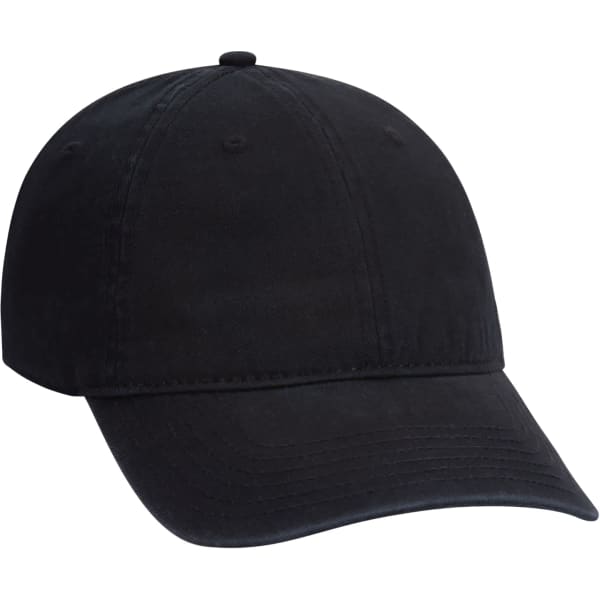A black 6 panel dad hat with a curved brim and a small logo on the front.