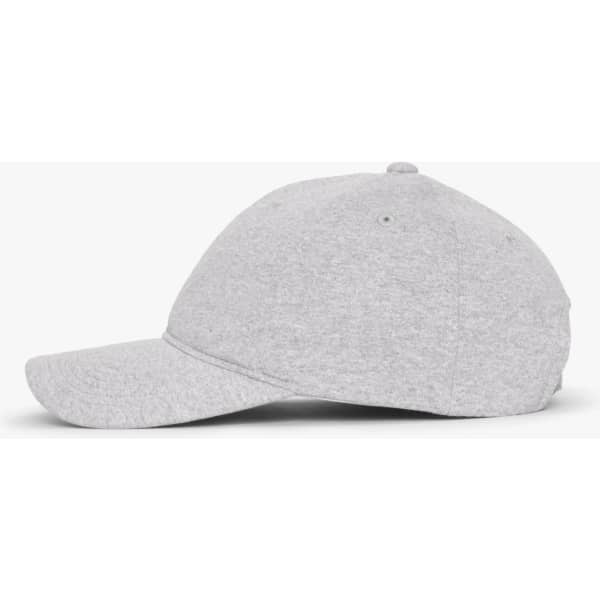 A grey cap with a rounded brim and an adjustable strap, featuring a logo on the side.