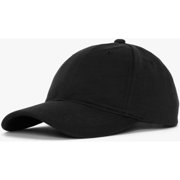 A black cap with a curved brim and a logo on the front, featuring a structured design.