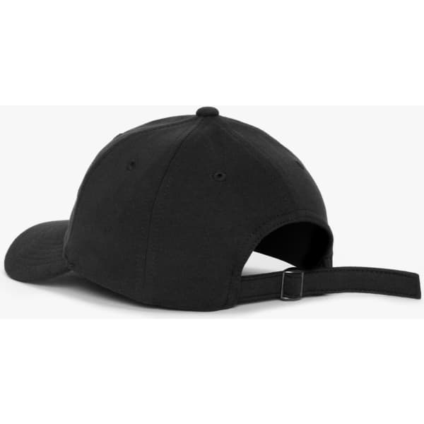 A black cap featuring a curved brim and adjustable strap at the back, with a logo on the side.