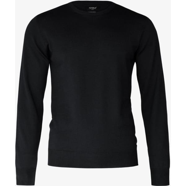 A black knitted jumper with long sleeves and a round neckline, featuring a logo on the label.