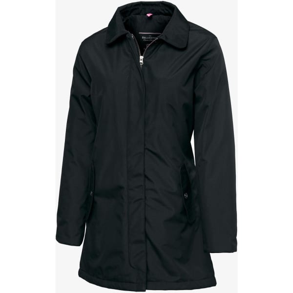 A black Bellington women’s jacket with a zip front and side pockets, featuring a collar and long sleeves.