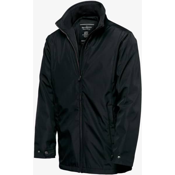 A black Bellington men’s jacket with a zip front, collar, and a logo on the inside label.
