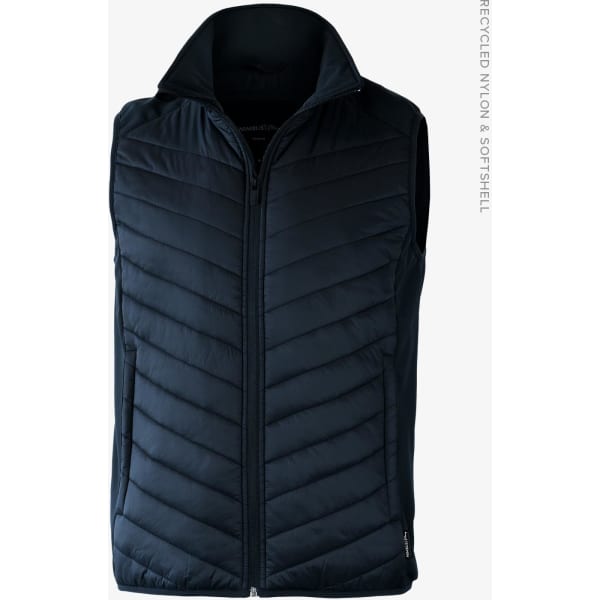 A dark blue, quilted men's vest with a high collar and front zipper, featuring a logo on the side.