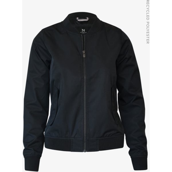 A black women's jacket featuring a zip front and ribbed cuffs, made from recycled polyester. It has a logo on the tag.