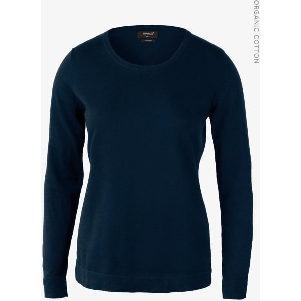 A navy knitted jumper with long sleeves and a round neckline, featuring a branding label.