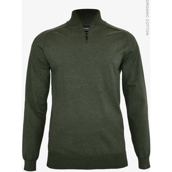 A men’s 1/4-zip knitwear in dark green, featuring long sleeves and a collar, with a small logo on the chest.