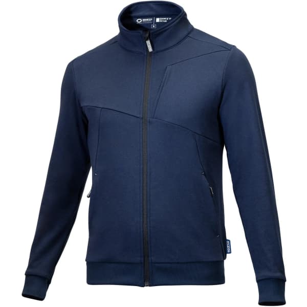 A full zip jacket in navy blue with a high collar and zippered pockets, featuring a logo.