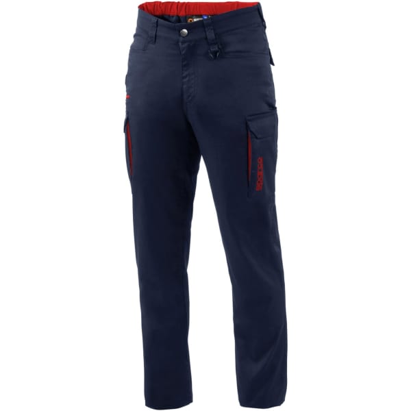 Navy trousers with red accents and multiple pockets. The design features a branded logo on the garment.