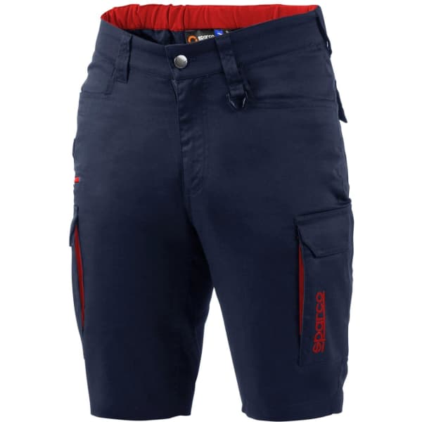 Navy Bermuda shorts with red accents and cargo pockets, featuring a logo on the side.