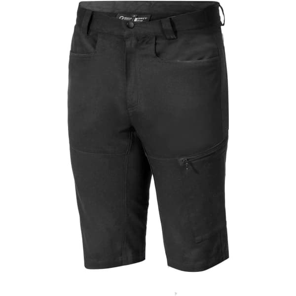 A pair of black Bermuda shorts featuring multiple pockets and a brand logo.