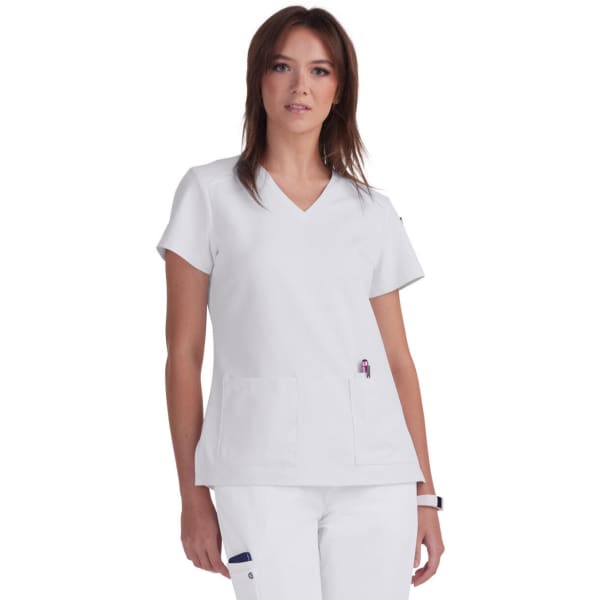 A white medical scrub top with a v-neck and two front pockets, featuring a small logo.