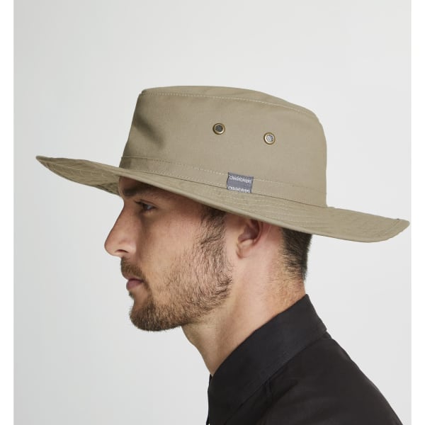A grey ranger hat with a wide brim, featuring ventilation eyelets and a logo on the side.