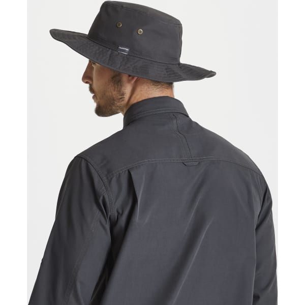 A black Kiwi ranger hat with a wide brim, worn by a person facing away, featuring a logo.