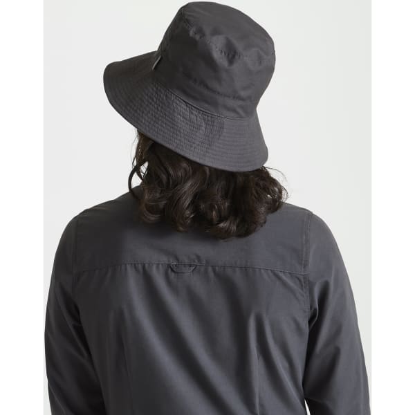 A black reversible sun hat displayed from behind, featuring a wide brim and textured fabric. It includes a logo.