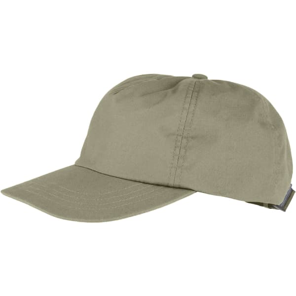A khaki trucker cap with a curved brim and a rear adjustable strap, featuring a logo.