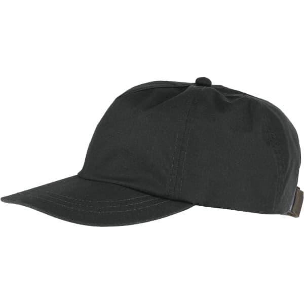A black trucker cap with a curved brim and an adjustable strap at the back, featuring a logo.