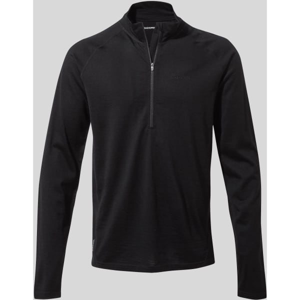 A black Merino half zip long sleeve baselayer top with a front zipper and long sleeves. Features a logo.