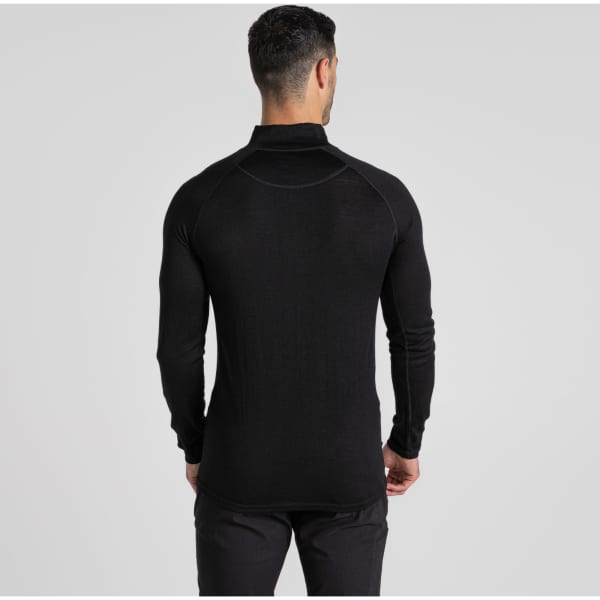 A black Merino half zip long sleeve baselayer top displayed from the back, featuring fitted long sleeves.