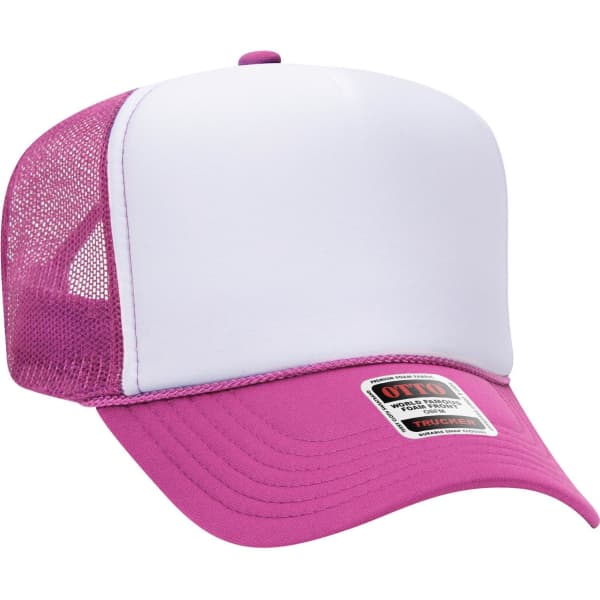 A pink and white 5 Panel High Crown Trucker Cap with a mesh back and a logo on the front.