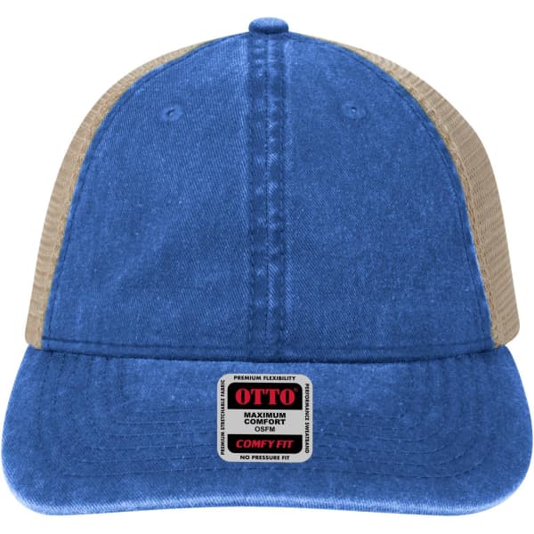 A blue and beige Comfy Fit 6 Panel Low Profile Trucker Cap with a branded label on the front.