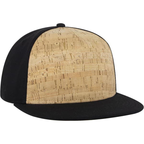 A five-panel snapback cap featuring a cork front and a black visor. The hat has a logo on it.