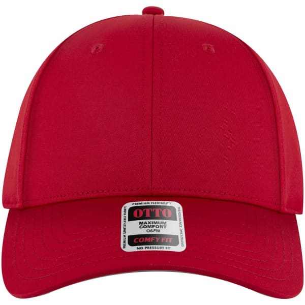 A red low-profile baseball cap with a six-panel design and a logo on the front.