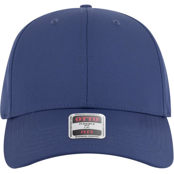 A navy blue 6 panel low-profile baseball cap with a flexible fit and a logo on the front label.