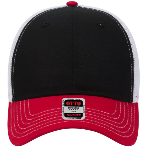 A black and red 6 Panel Low Profile Trucker Cap featuring a mesh back and a branded tag.