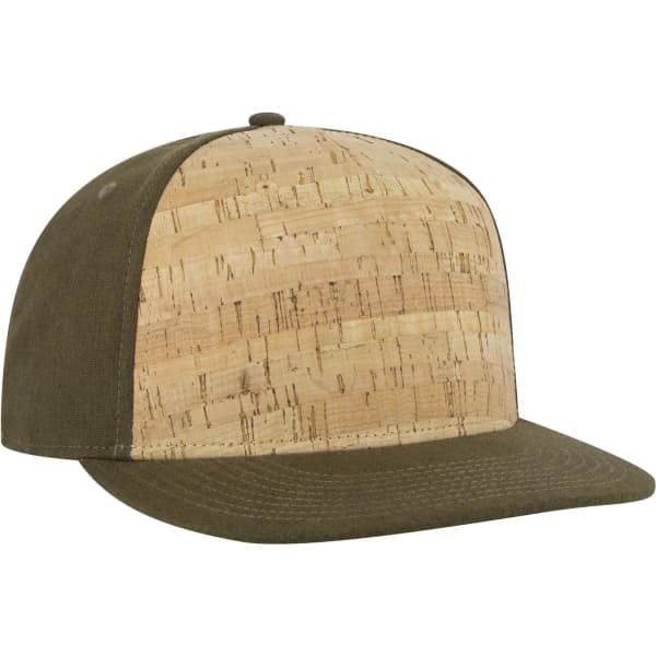 A snapback cap featuring a cork front panel and an olive green visor. It includes a logo on the side.