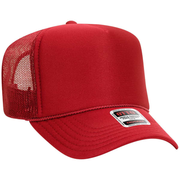A red 5 panel high crown trucker cap with a mesh back and a branding label on the front.
