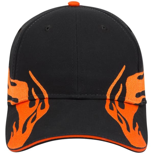 A black baseball cap with orange flame designs and a logo on the front.