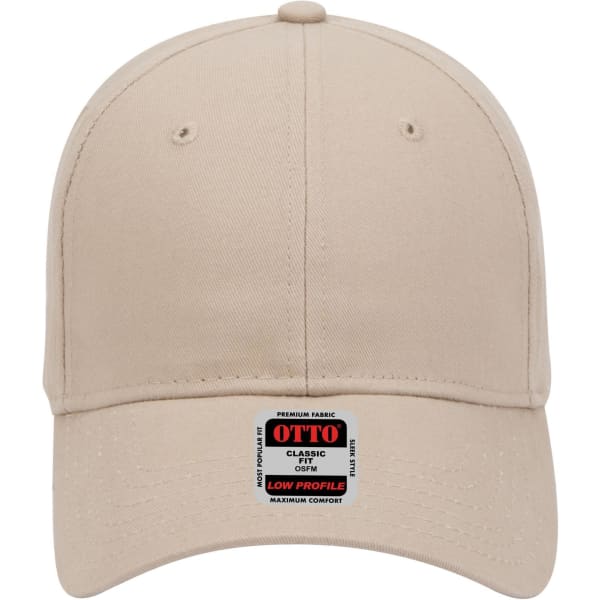 A beige 6 panel low profile baseball cap with a sewn-on logo label on the front.