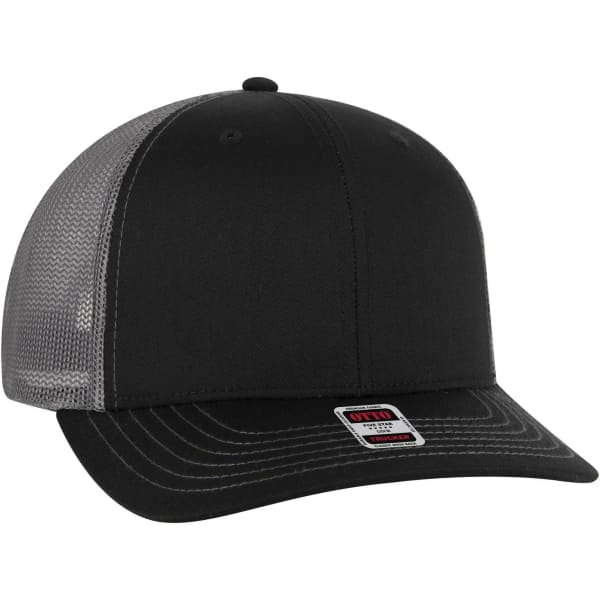 A black trucker cap with a mid-profile design and grey mesh back, featuring a logo on the front.