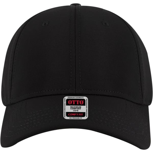 A black 6 panel low profile baseball cap with a logo. It features a comfortable fit design.