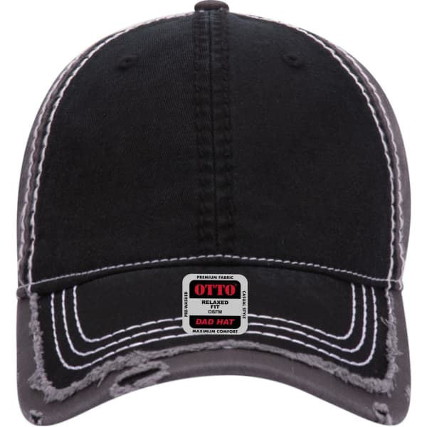 A black 6-panel low profile dad cap with stitching details and a branding label on the underside of the brim.