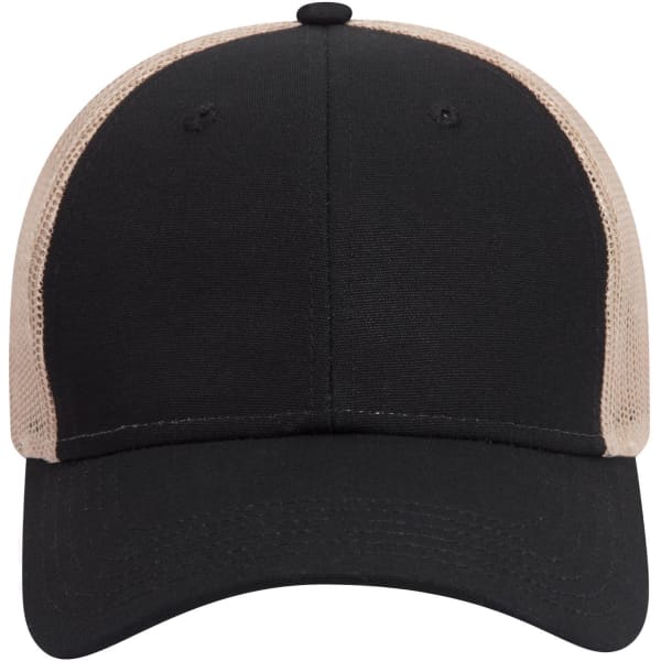 A black and beige 6-panel low profile trucker cap featuring a mesh design and a front panel with a logo.
