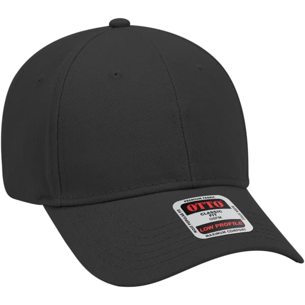 A black low-profile baseball cap with a structured design and a branded label on the front.