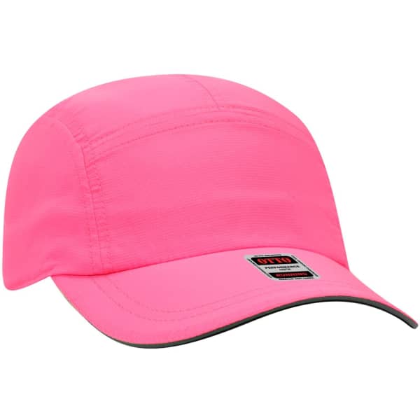 A bright pink reflective 5 panel running cap featuring a curved brim and a logo on the side.