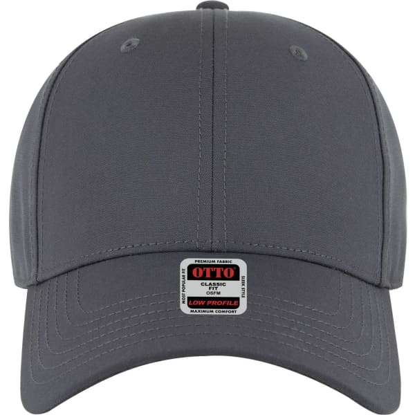 A grey 6 panel low profile baseball cap featuring a logo on the front and structured design.