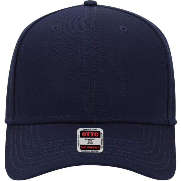 A navy blue 6-panel mid profile baseball cap featuring a logo on the front.
