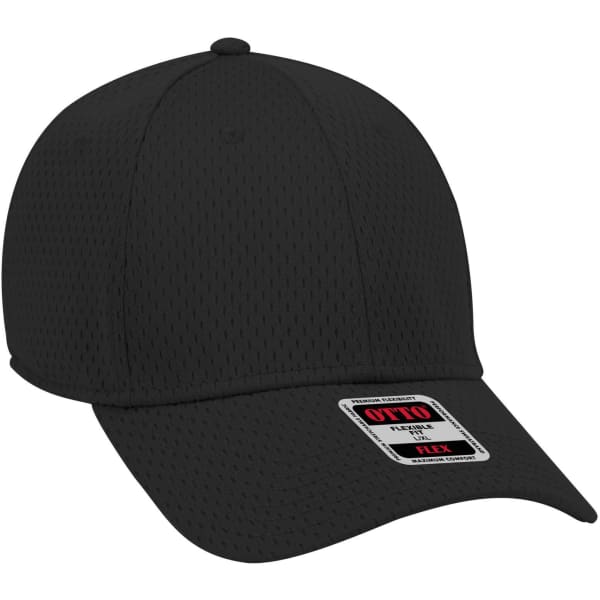 A black 6 panel low profile baseball cap featuring a logo on the front and a flexible fit design.