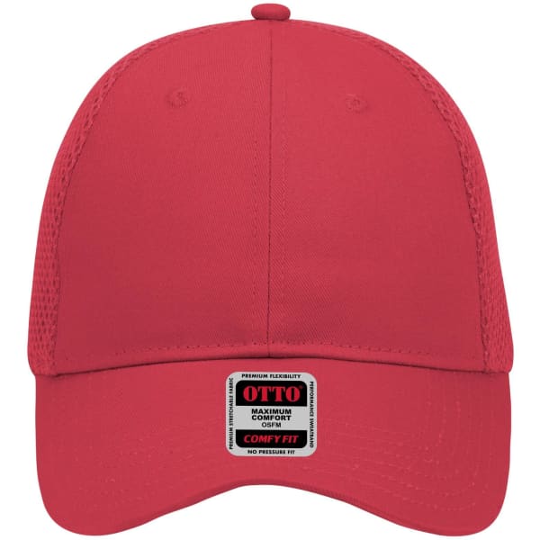 A red six-panel low profile baseball cap with a mesh back and a logo label on the front.