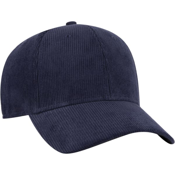 A navy 6 panel low-profile baseball cap made from corduroy, featuring a logo on the front.
