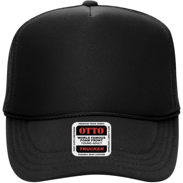A 5-panel high crown trucker cap in black featuring a foam front and a logo badge at the front.