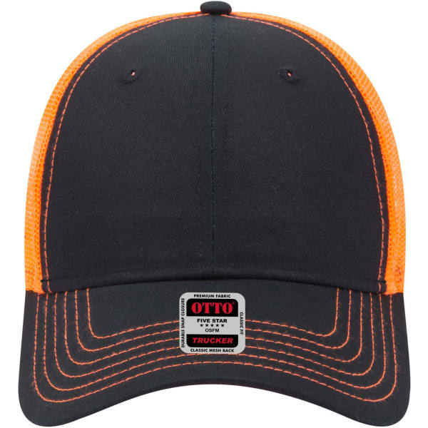 A black 6 panel low profile trucker cap with orange mesh panels and stitching, featuring a logo on the front.