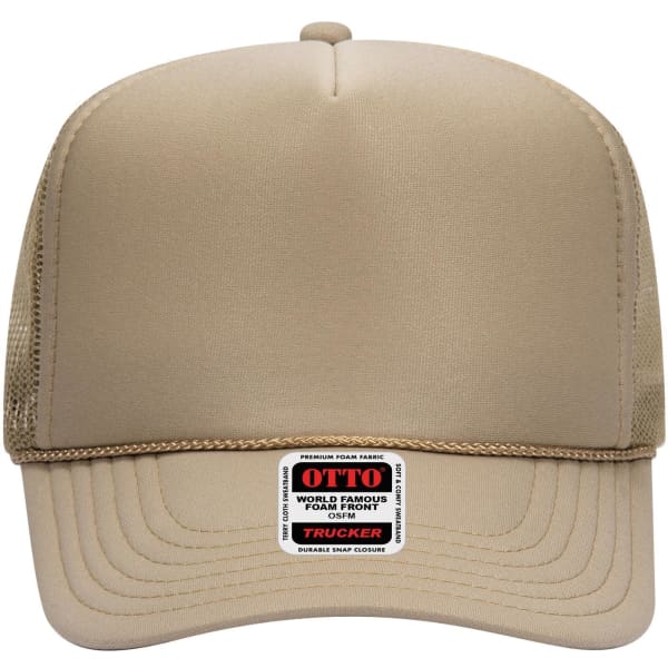 A high crown trucker cap in light beige with a mesh back and a logo on the front.